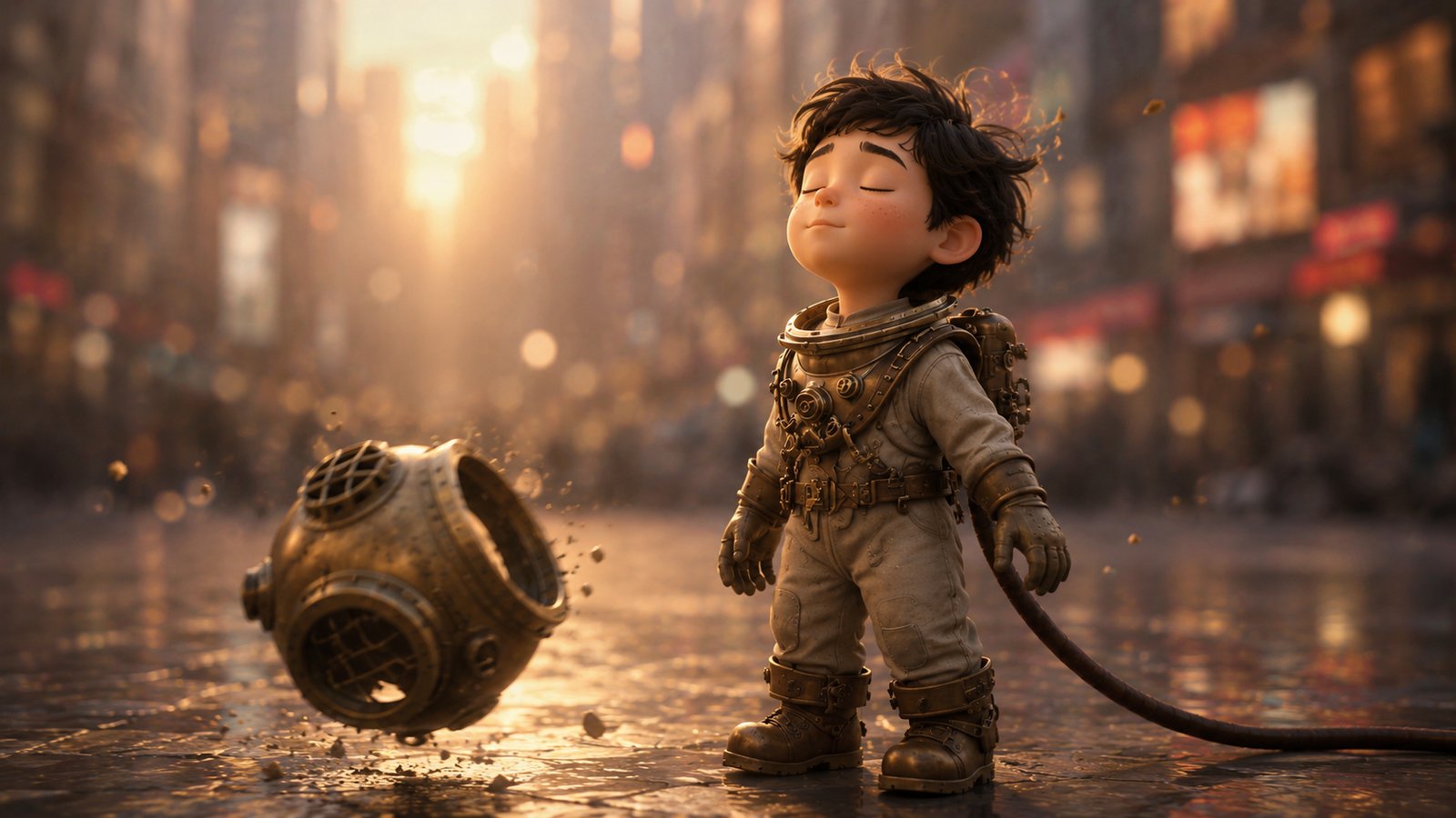 The boy stands with his eyes closed, breathing deeply, the helmet resting beside him in golden evening light