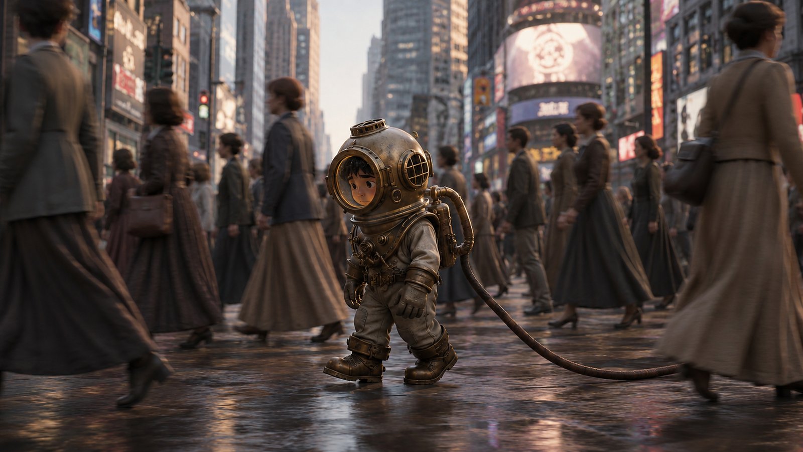 A child in a vintage diving suit walks alone through a bustling city street, surrounded by passersby in period dress