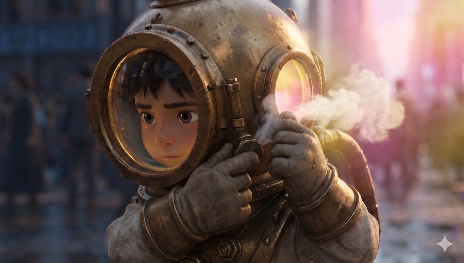 Close-up of the boy adjusting his diving helmet, steam venting from the vents as the city reflects in the glass