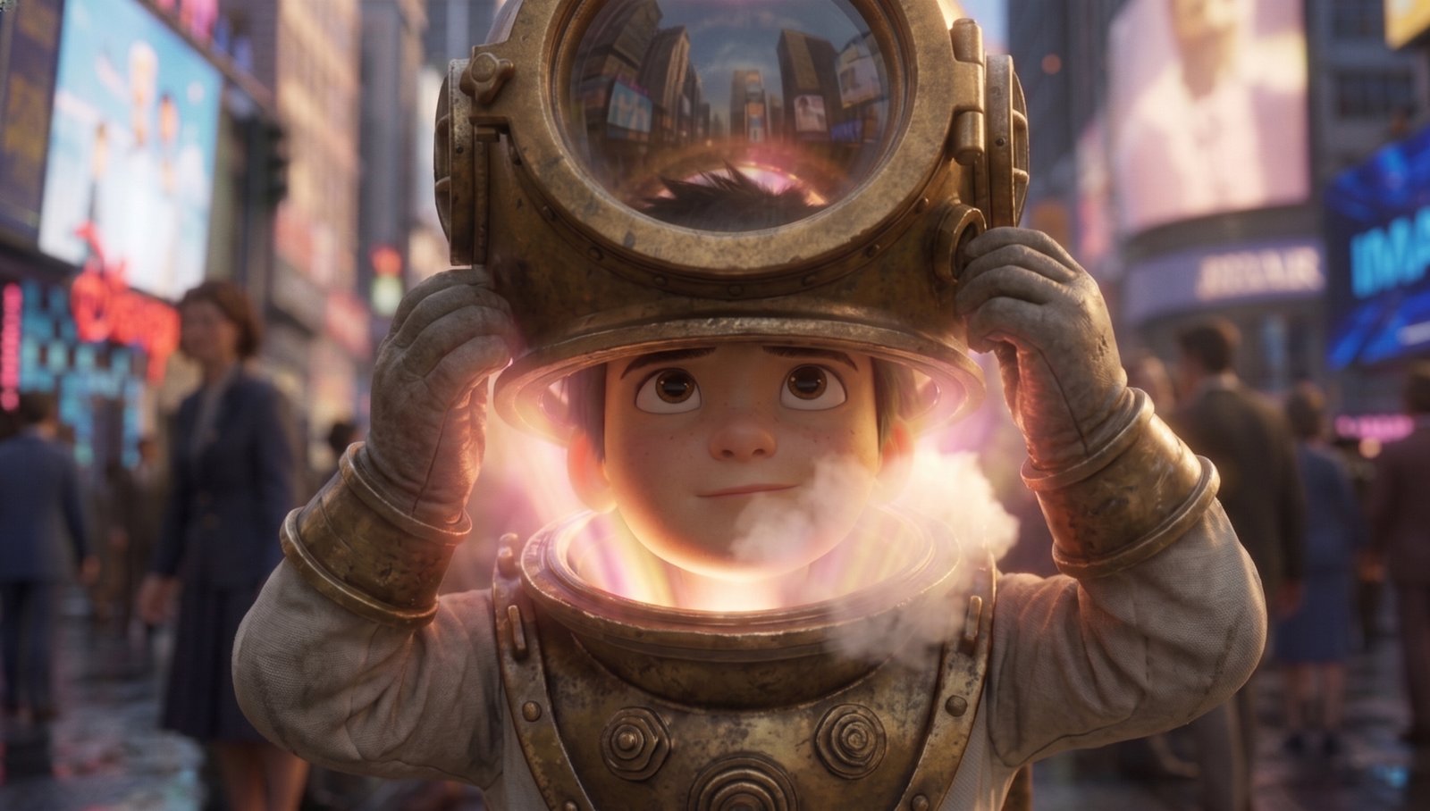 The boy lifts the helmet off his head in the middle of a city street, warm glowing light spilling out from inside