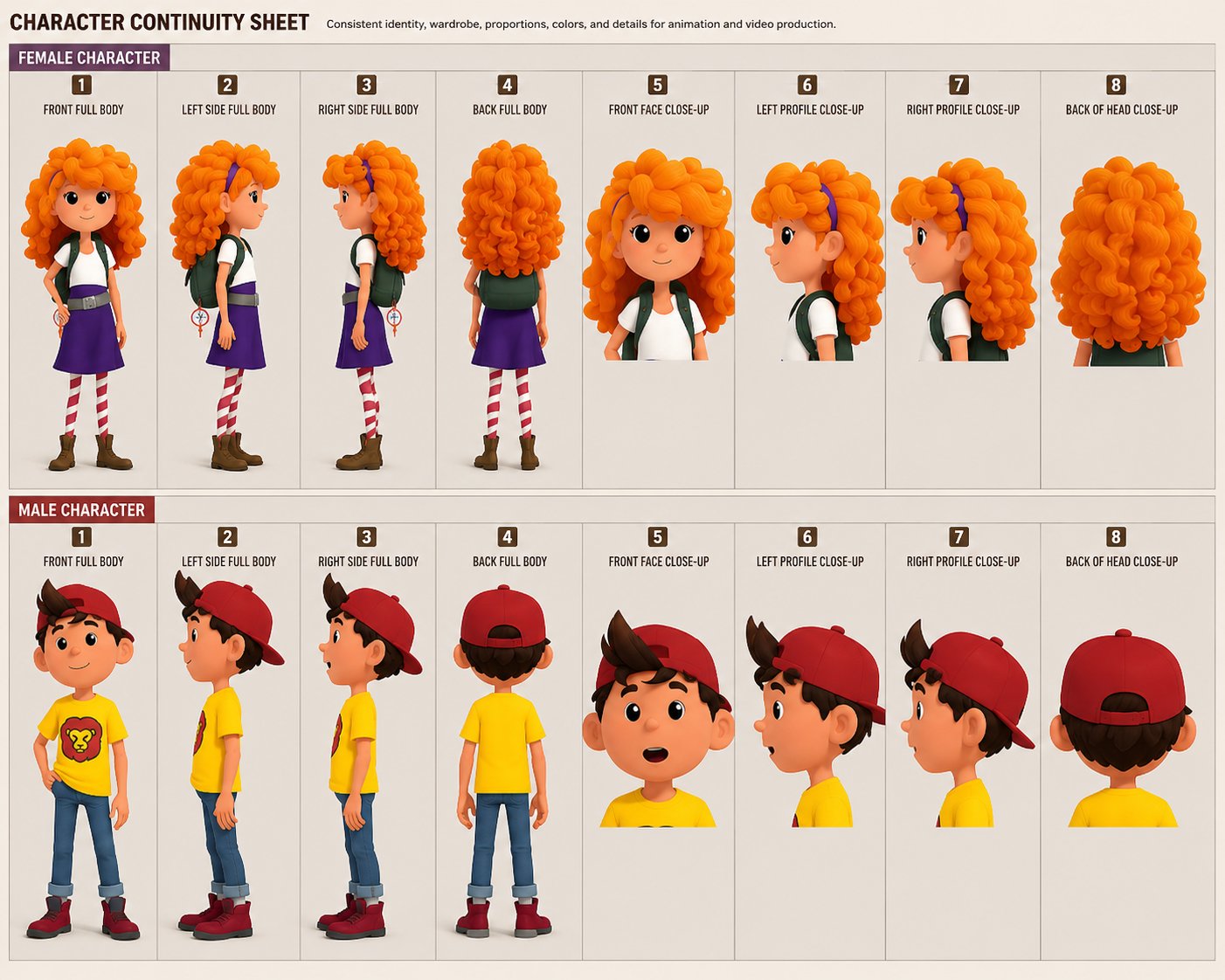Full character reference sheet for Rachel and Dave — angles, facial features and full-body views from every side