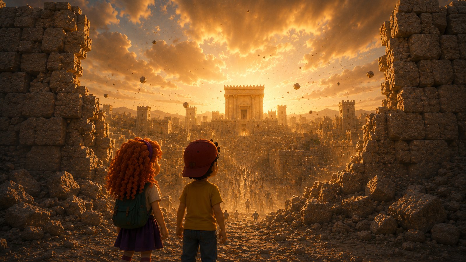 Rachel and Dave look through a breach in the wall at a city in chaos, dust and debris in the air, crowds fleeing