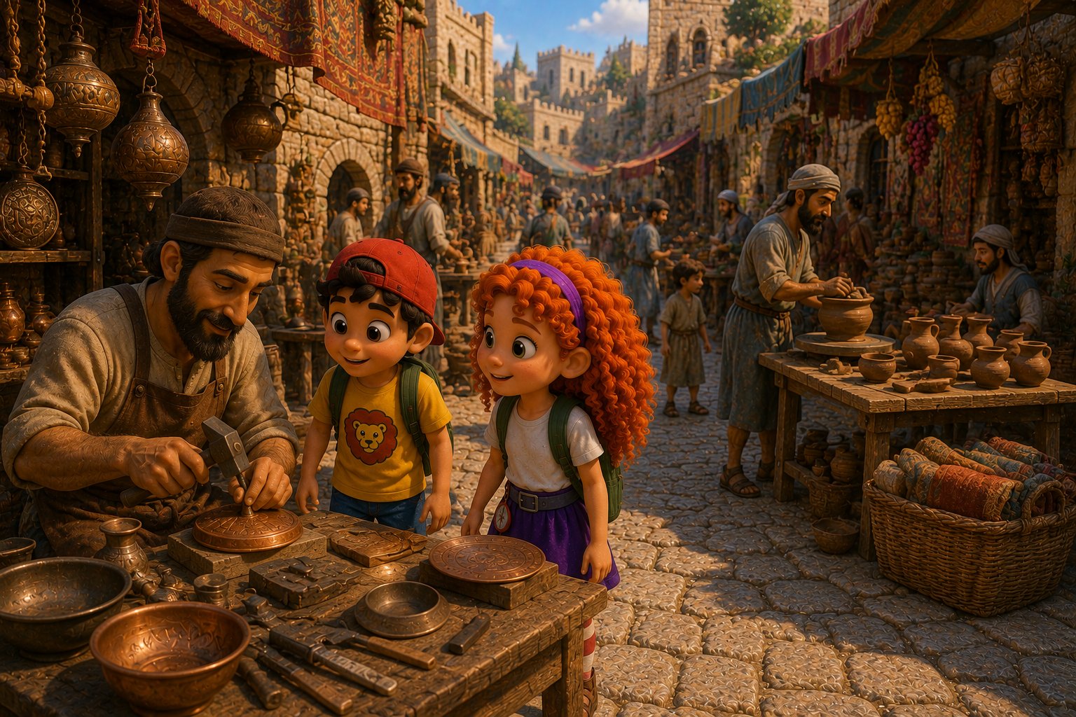 Rachel and Dave watch a coppersmith at work in the market, a potter beside him at his wheel