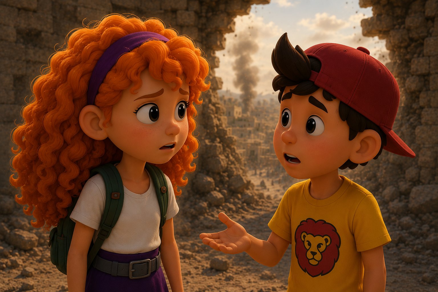 Rachel and Dave stand troubled among the ruins, smoke rising from the city behind them